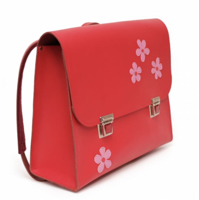 Schulranzen mit Blumen rosa / orange Aufteilung innen